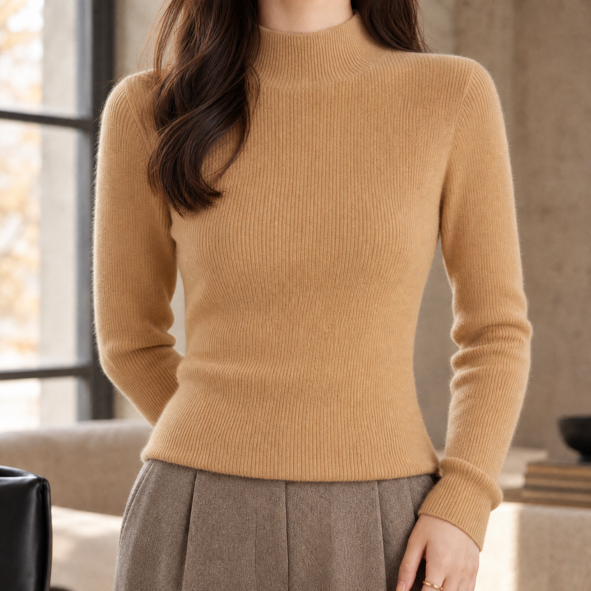 Rivenna - Ribbed Cashmere Mock Neck Sweater Everyday Layering — view 7 of 7