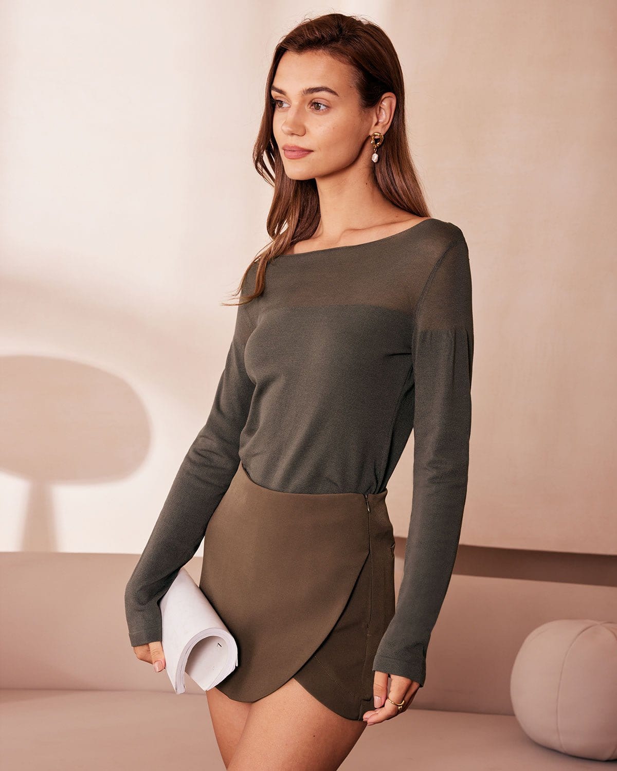 Sereena - Sheer Knit Boat Neck Long Sleeve Top — view 3 of 5