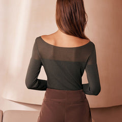 Sereena - Sheer Knit Boat Neck Long Sleeve Top — view 4 of 5