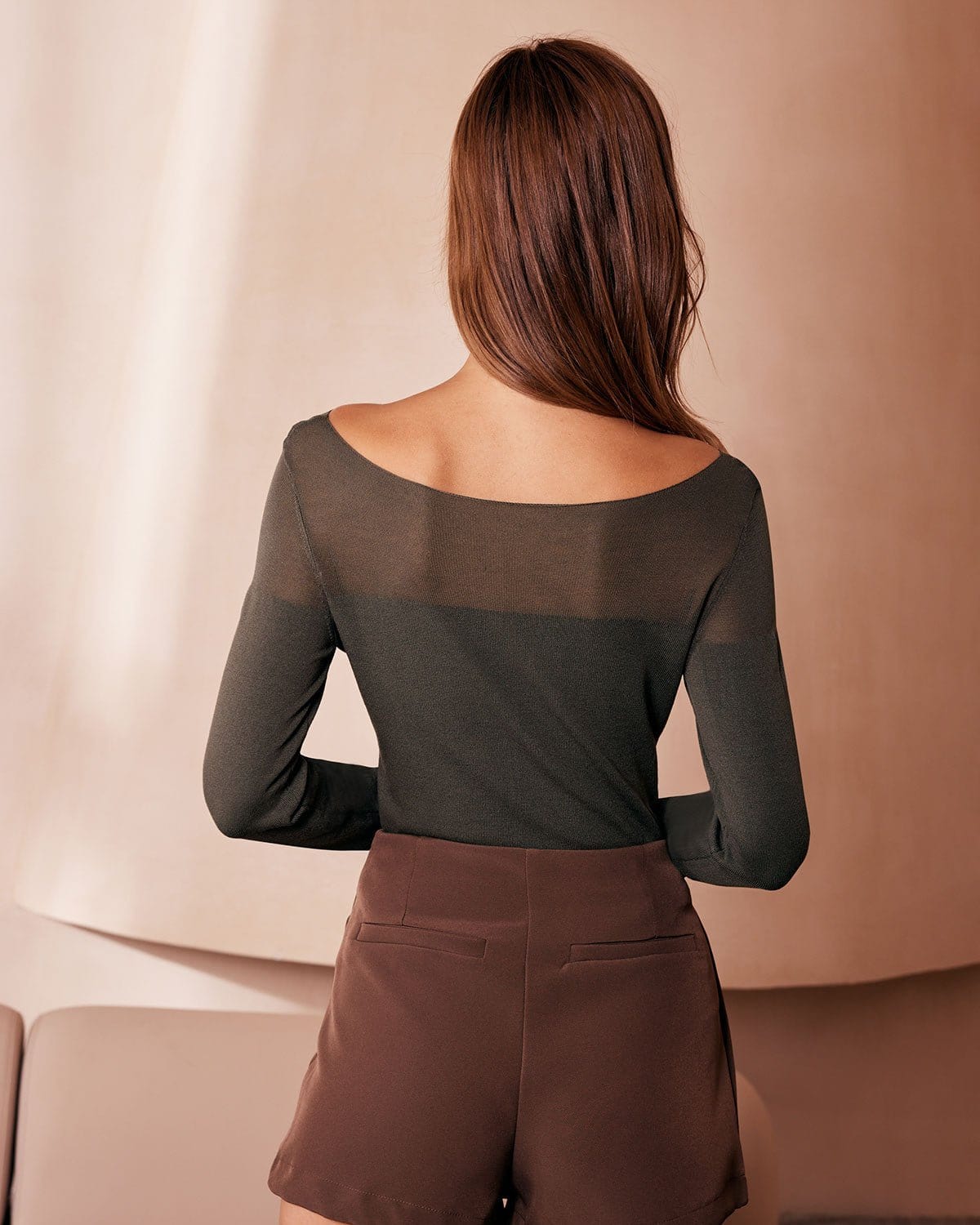 Sereena - Sheer Knit Boat Neck Long Sleeve Top — view 4 of 5