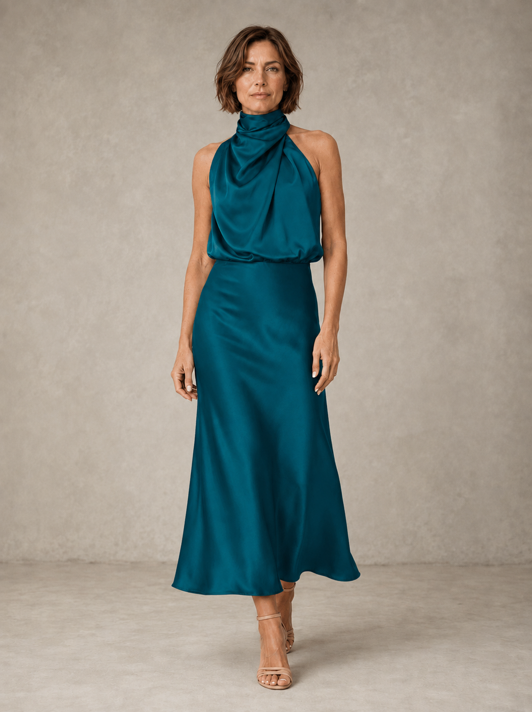 Solveia - Satin Halter Midi Dress Evening Occasions