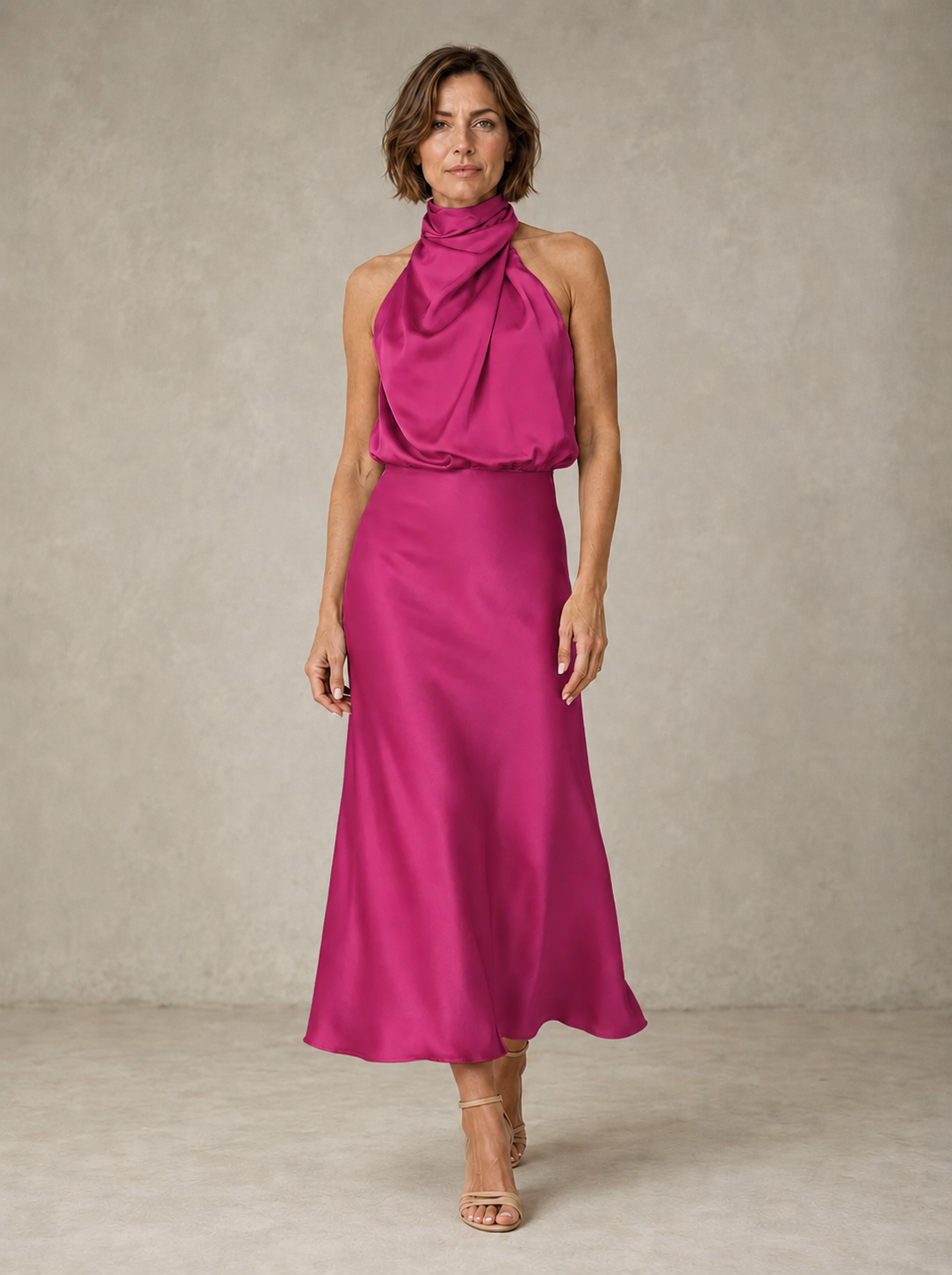 Solveia - Satin Halter Midi Dress Evening Occasions — view 8 of 9
