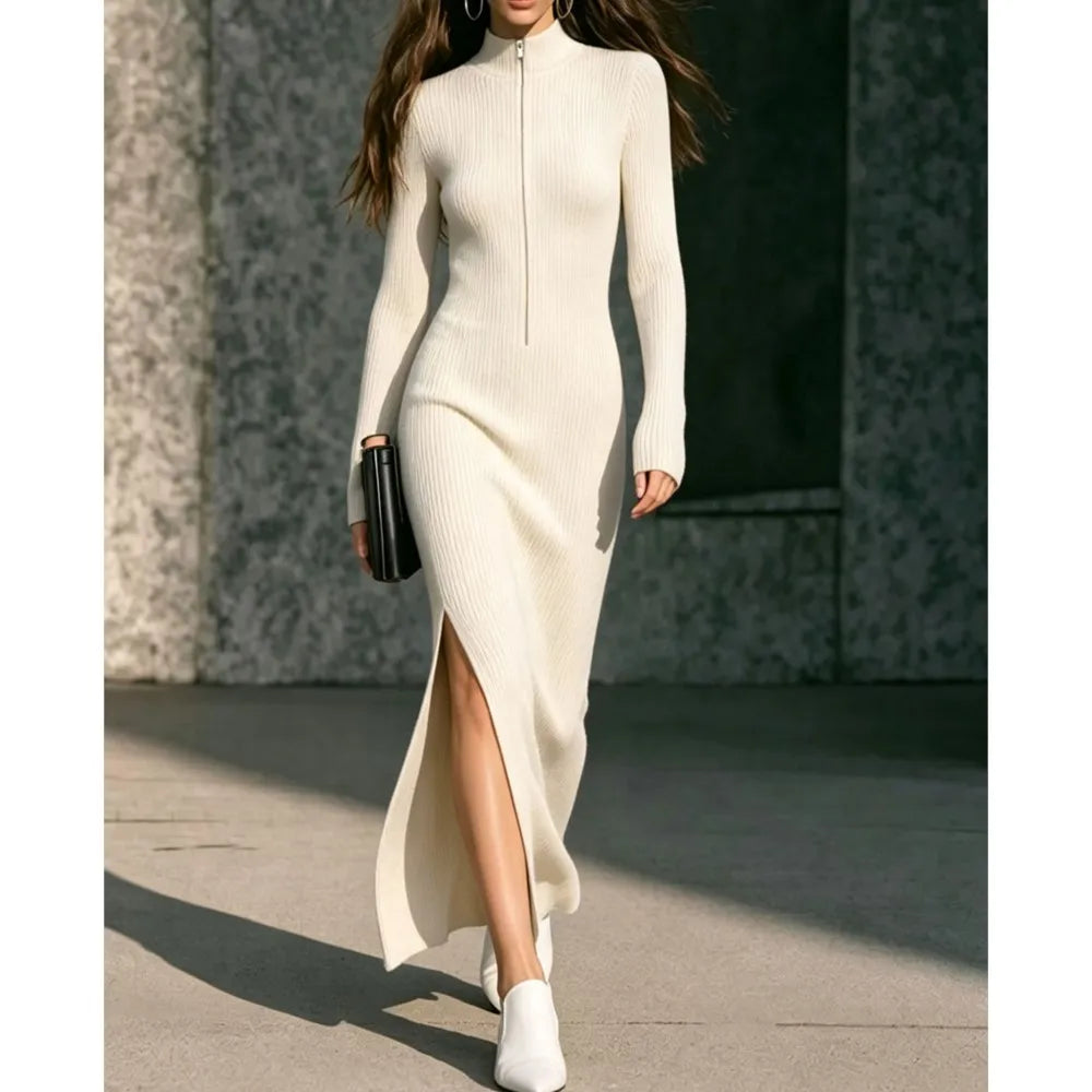 Tallena - Ribbed Half-Zip Longline Dress Evening Occasion Wear