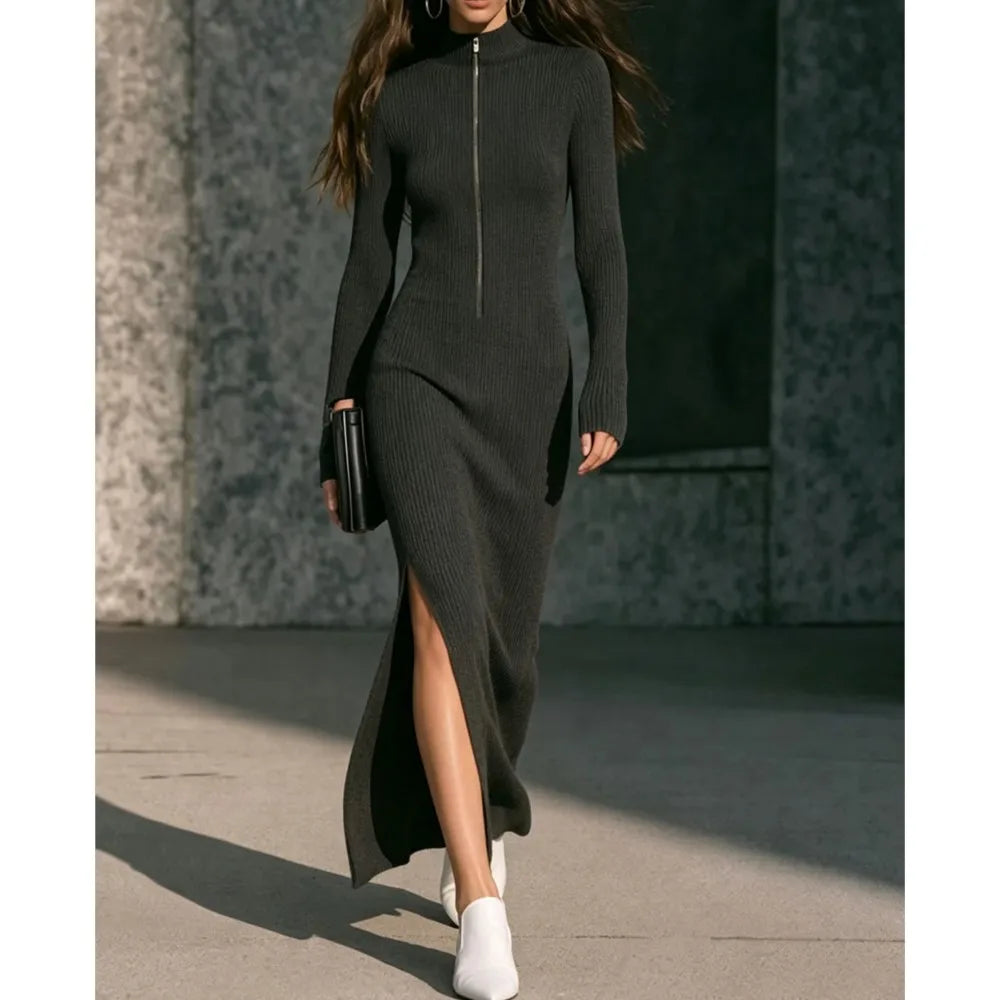 Tallena - Ribbed Half-Zip Longline Dress Evening Occasion Wear — view 4 of 10