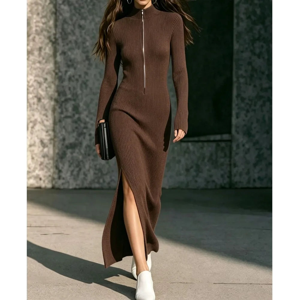 Tallena - Ribbed Half-Zip Longline Dress Evening Occasion Wear — view 7 of 10