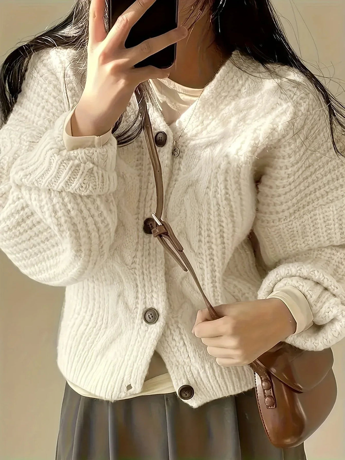 Thessora - Chunky Cable Knit Cardigan Weekend Layering — view 4 of 5