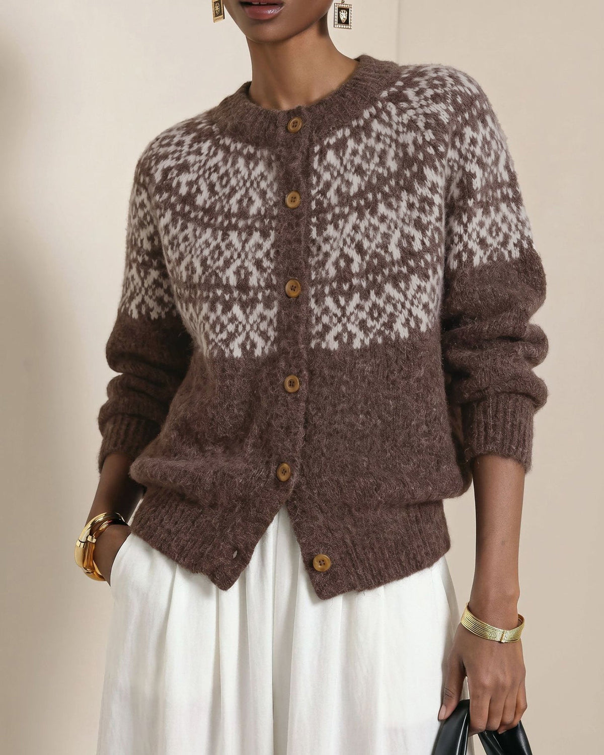 Vellonna - Geometric Button Knit Cardigan Autumn Layering — view 2 of 7