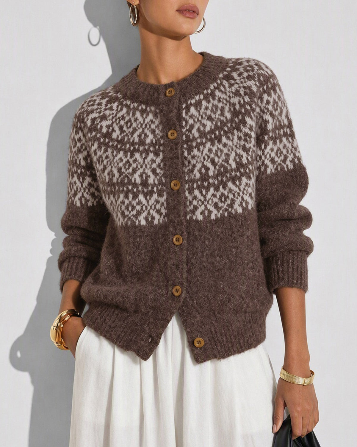 Vellonna - Geometric Button Knit Cardigan Autumn Layering — view 4 of 7