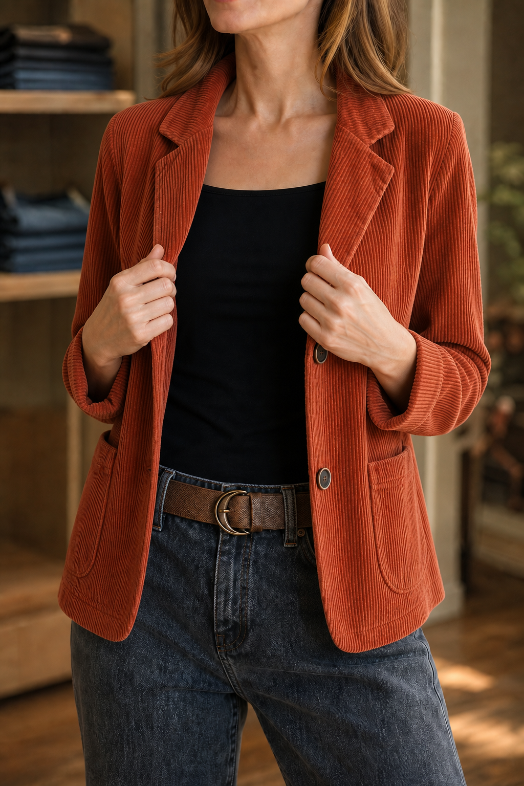 Velmora - Corduroy-Look Structured-Shoulder Jacket Cool Weather Layering