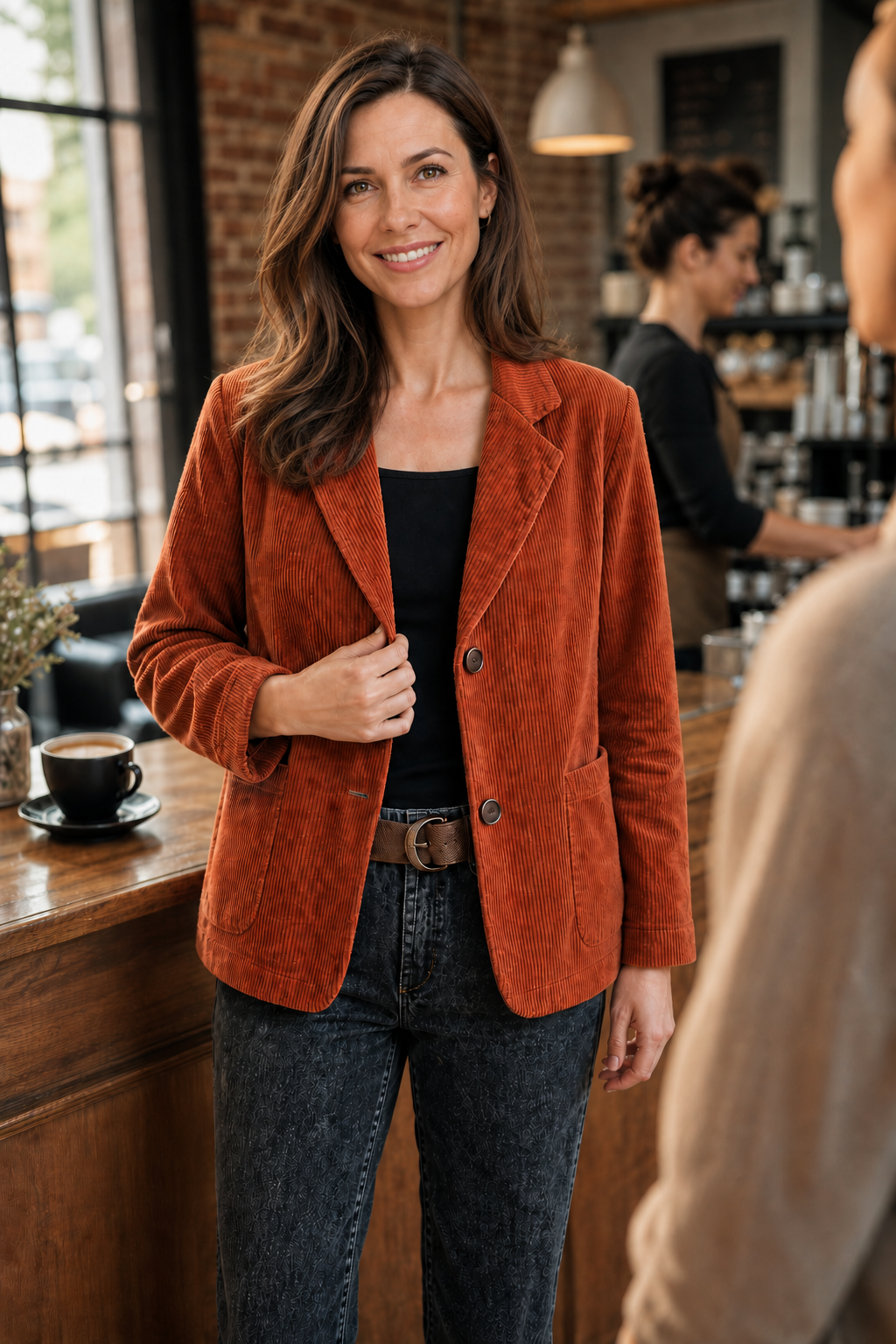 Velmora - Corduroy-Look Structured-Shoulder Jacket Cool Weather Layering — view 2 of 10