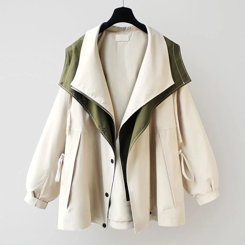 Veloura - Contrast Collar Trench Jacket Cool Weather Layering