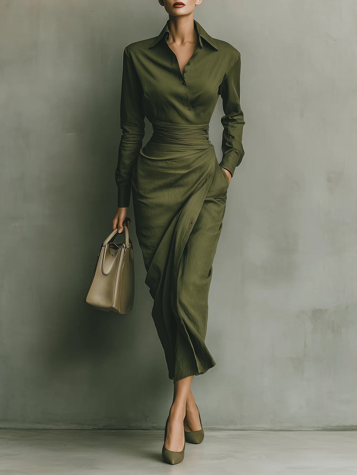 Verlena - Ruched Waist Midi Dress Office To Evening