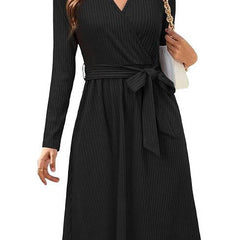 Verlora - Belted Ribbed Knit Midi Work Dress