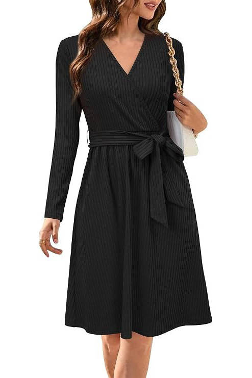 Verlora - Belted Ribbed Knit Midi Work Dress
