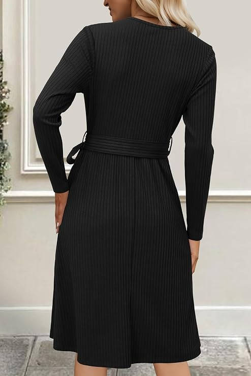 Verlora - Belted Ribbed Knit Midi Work Dress — view 2 of 10