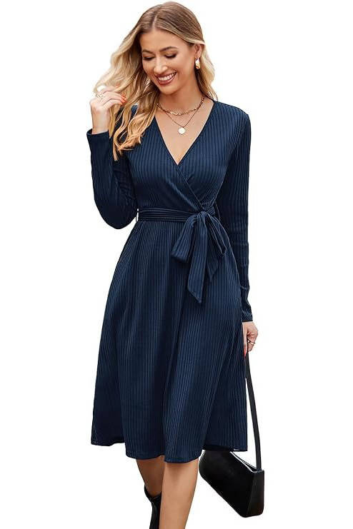 Verlora - Belted Ribbed Knit Midi Work Dress — view 3 of 10