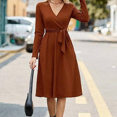 Verlora - Belted Ribbed Knit Midi Work Dress — view 9 of 10