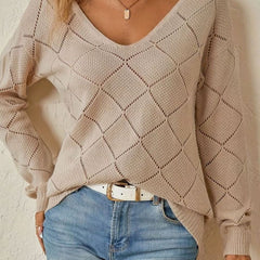 Vessalyn - V-Neck Openwork Knit Sweater Transitional Wear — view 3 of 10