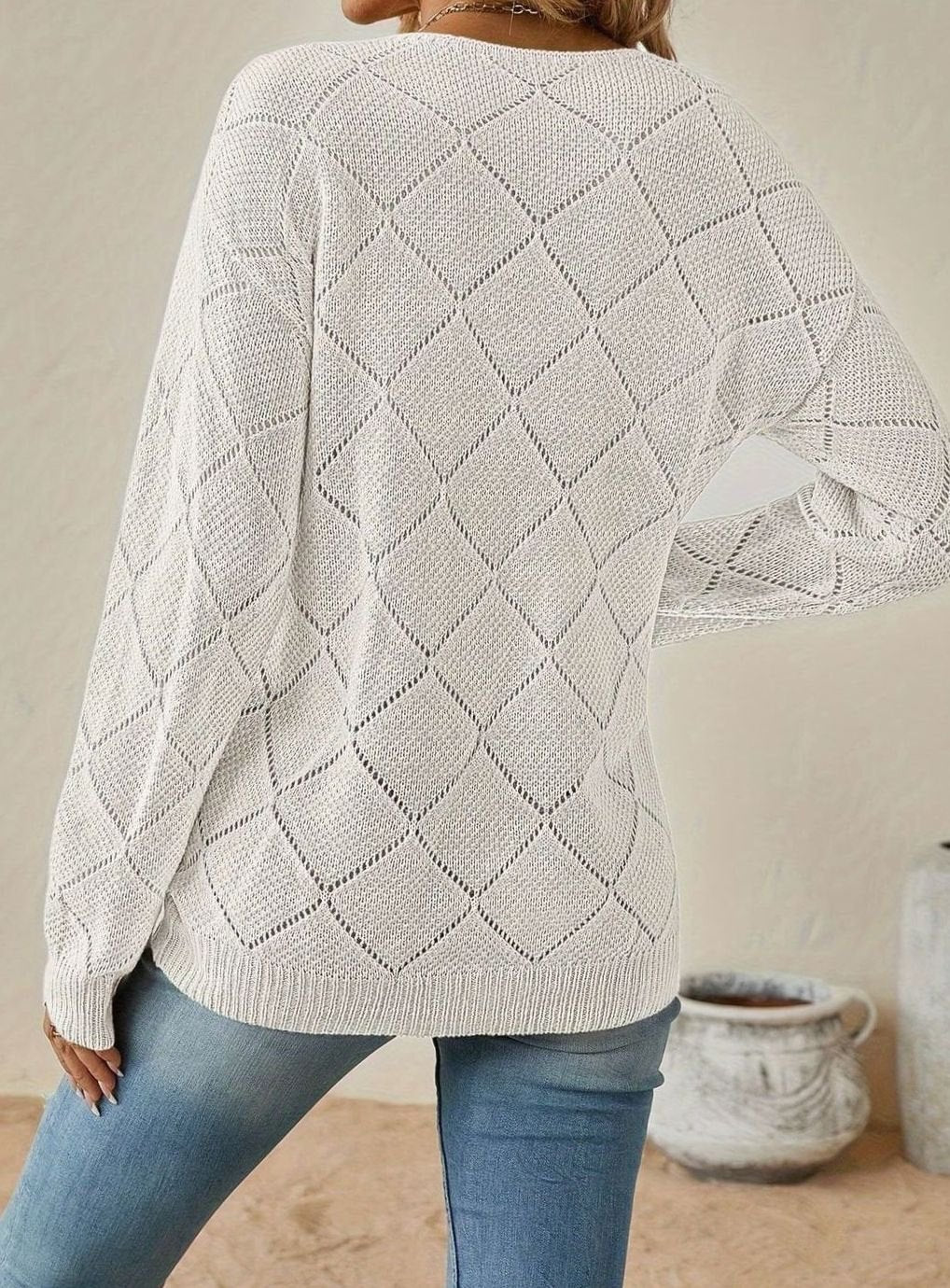 Vessalyn - V-Neck Openwork Knit Sweater Transitional Wear — view 5 of 10