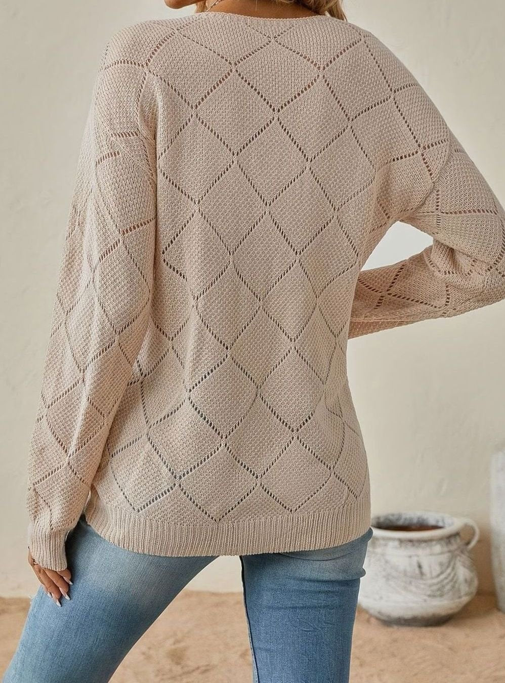 Vessalyn - V-Neck Openwork Knit Sweater Transitional Wear — view 6 of 10