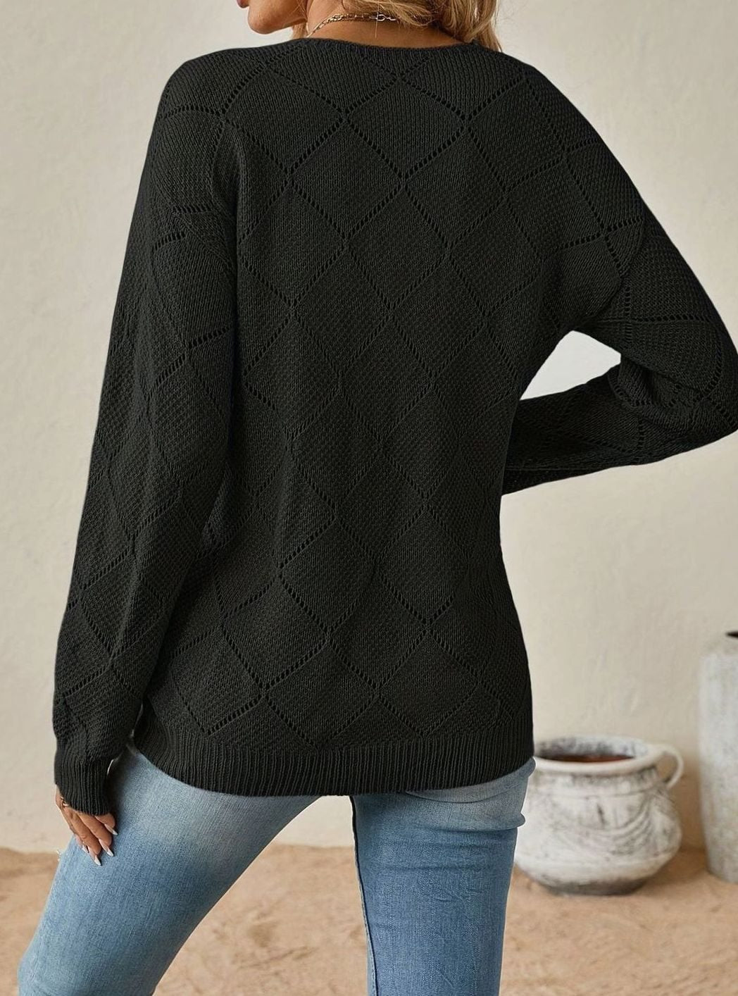Vessalyn - V-Neck Openwork Knit Sweater Transitional Wear — view 7 of 10