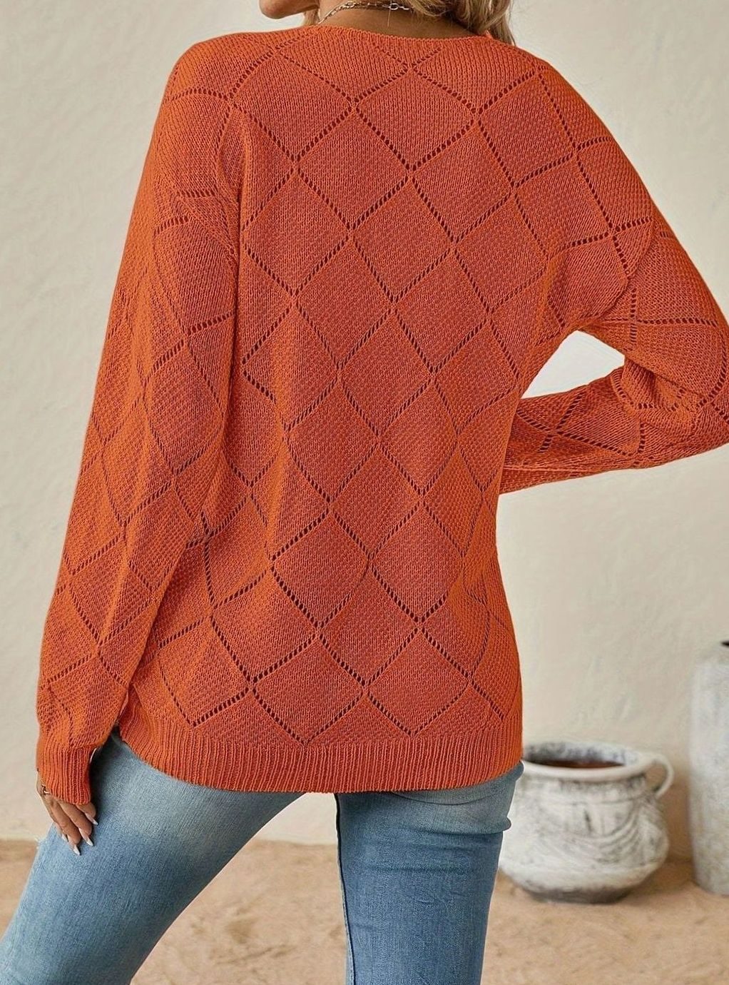 Vessalyn - V-Neck Openwork Knit Sweater Transitional Wear — view 8 of 10