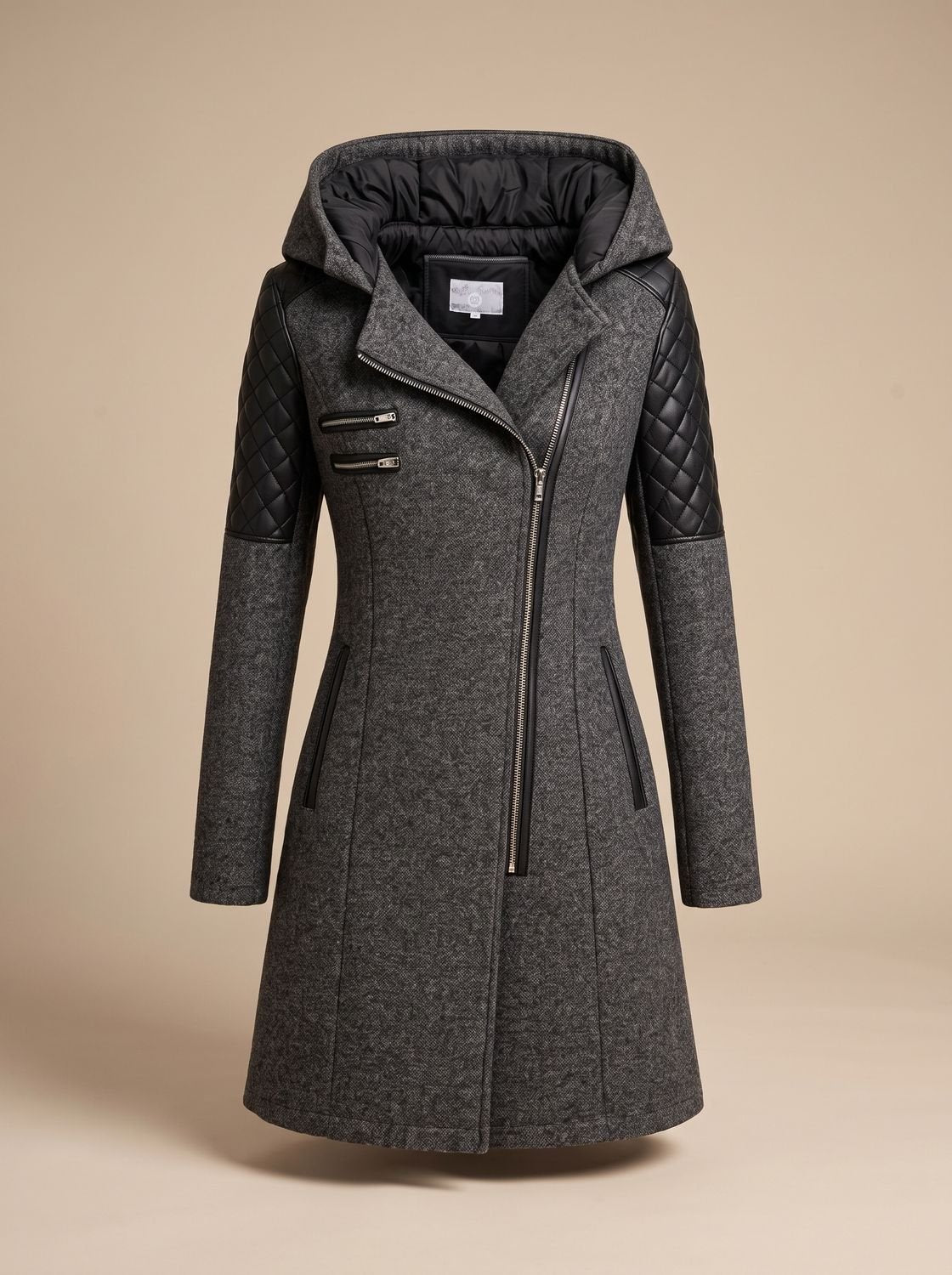 Vantessa - Hooded Quilted-Panel Wool-Blend Coat Cold Weather — view 3 of 7