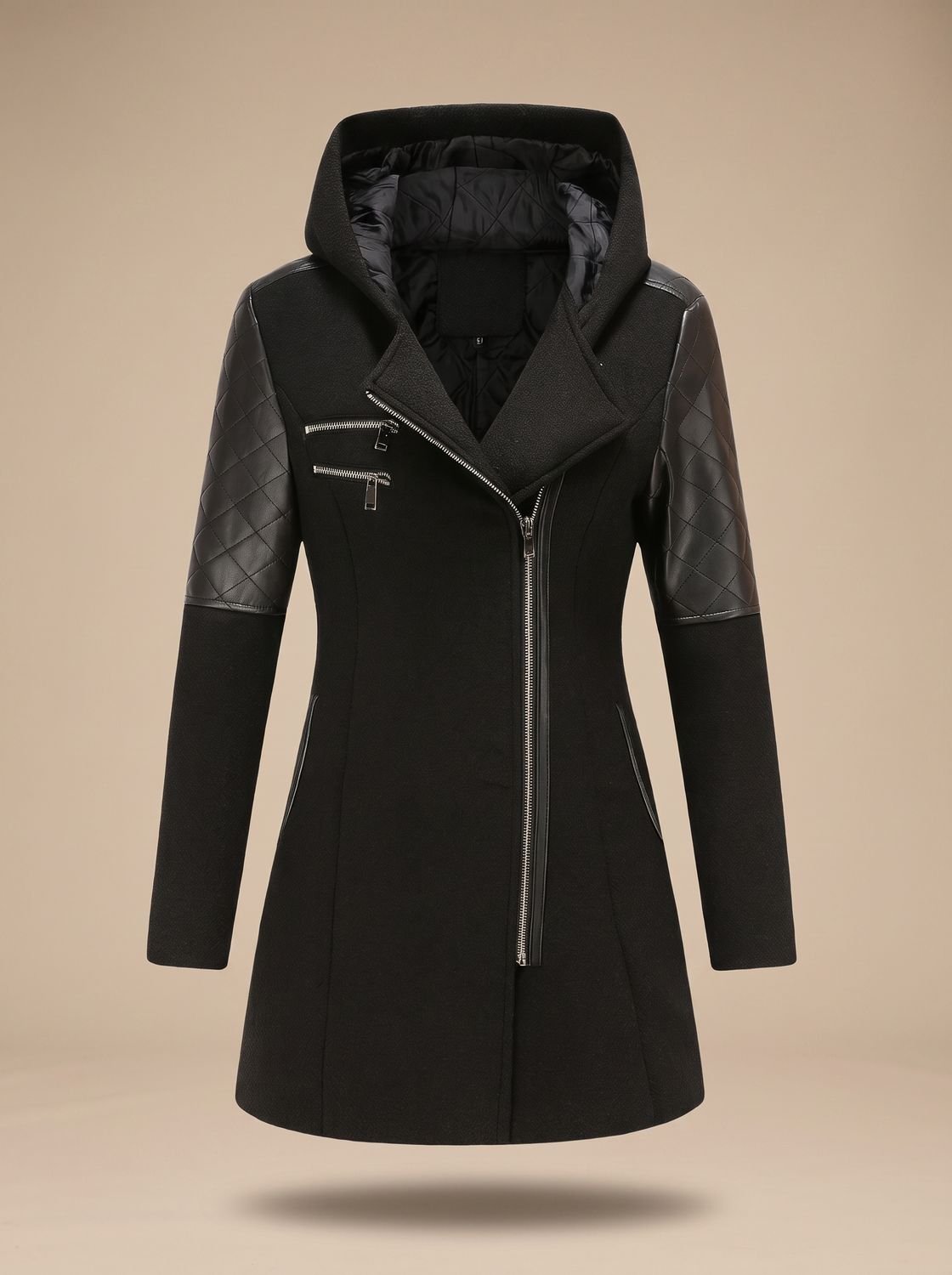 Vantessa - Hooded Quilted-Panel Wool-Blend Coat Cold Weather — view 6 of 7