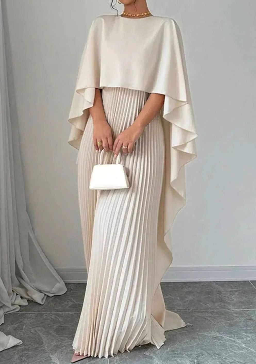 Verallure - Cape Overlay Pleated Formal Maxi Dress — view 3 of 5