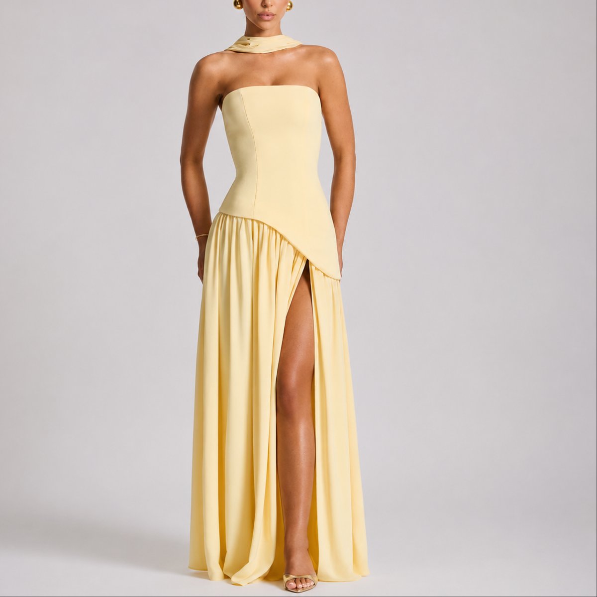 Solvinne - Strapless Scarf Neck Maxi Dress Wedding Guest Evening