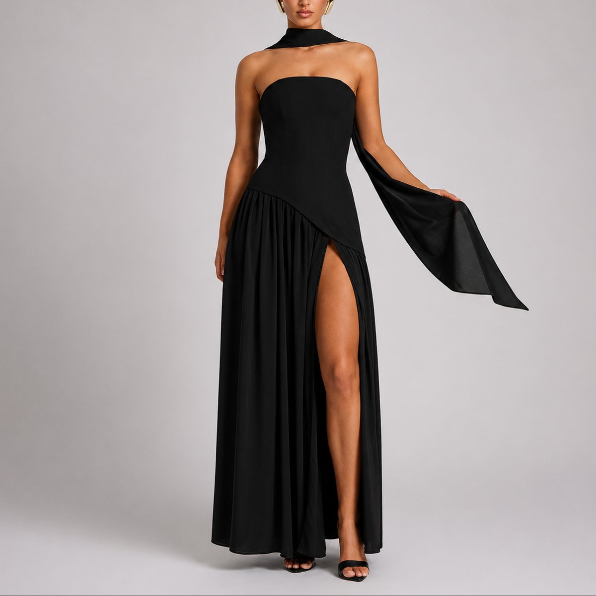 Solvinne - Strapless Scarf Neck Maxi Dress Wedding Guest Evening — view 3 of 10