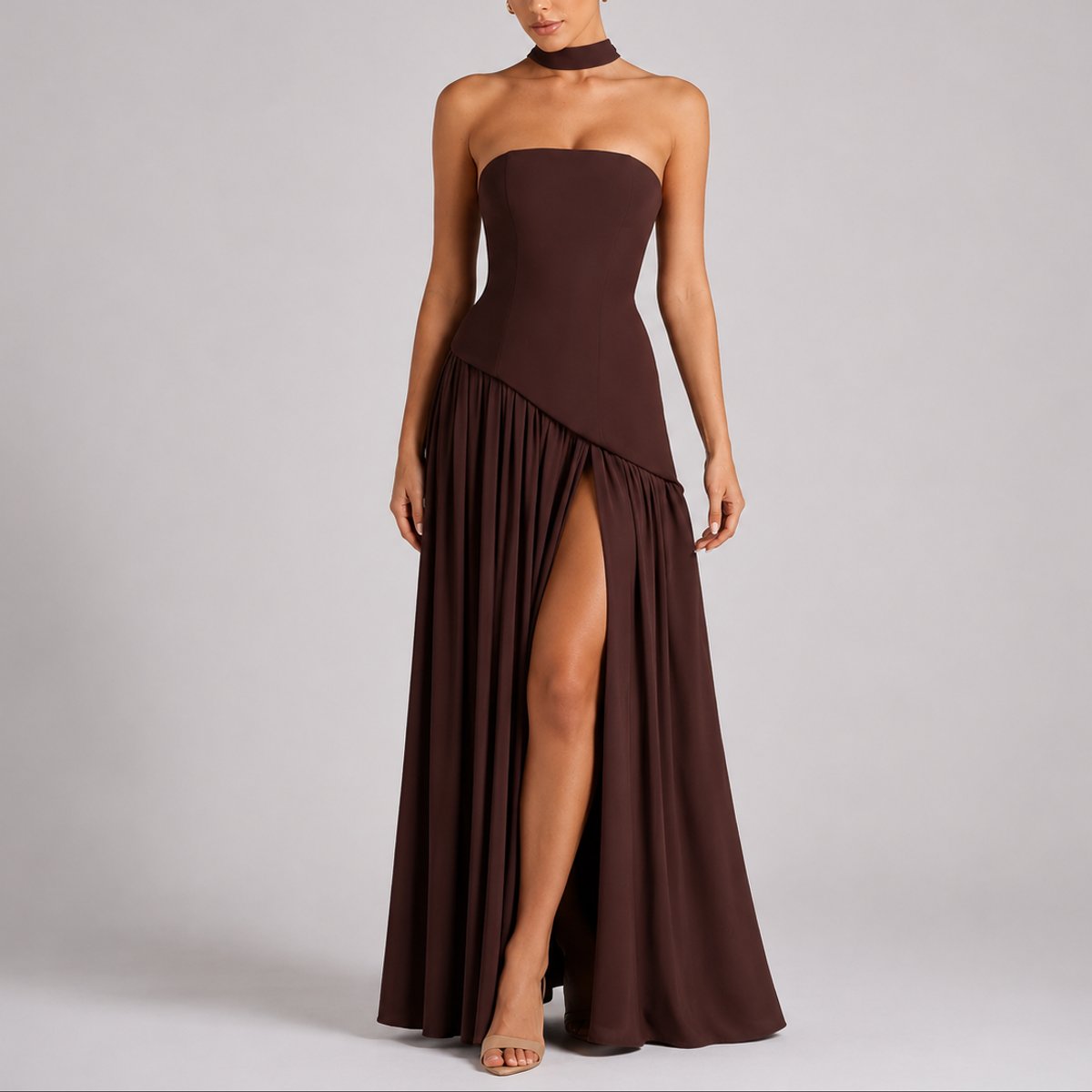 Solvinne - Strapless Scarf Neck Maxi Dress Wedding Guest Evening — view 5 of 10