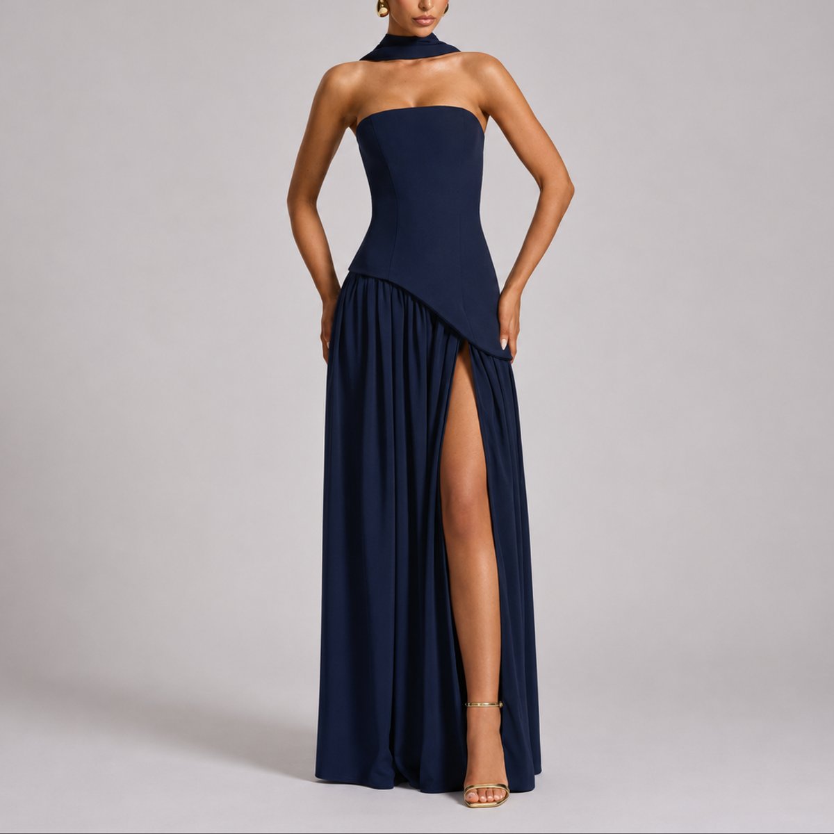 Solvinne - Strapless Scarf Neck Maxi Dress Wedding Guest Evening — view 8 of 10