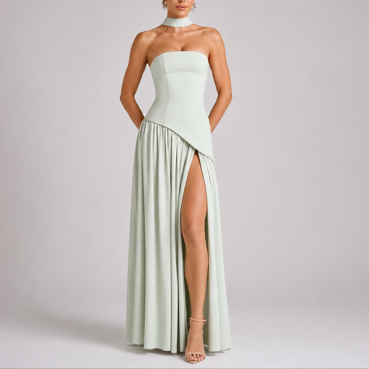 Solvinne - Strapless Scarf Neck Maxi Dress Wedding Guest Evening — view 9 of 10